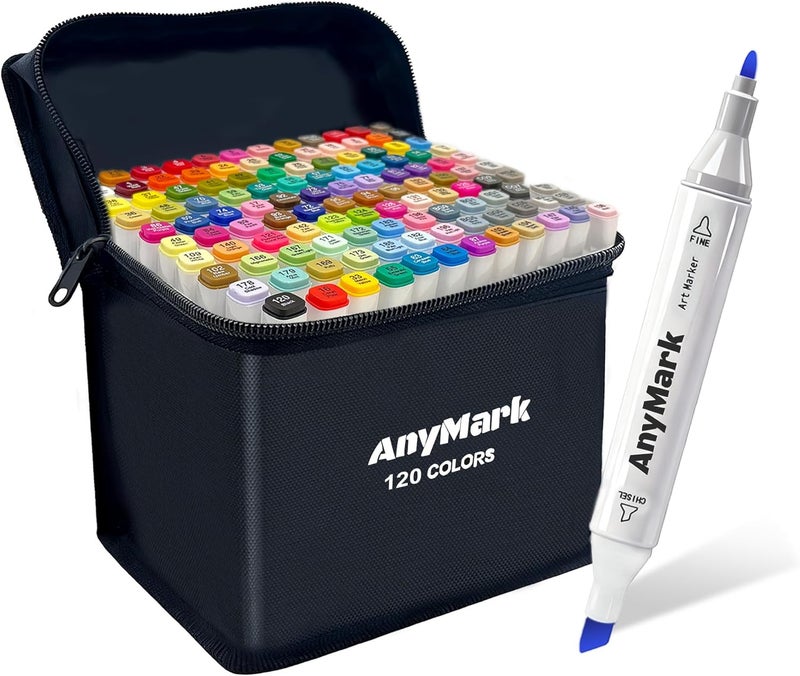 Anymark Alcohol Markers, 120 Colors Dual Tip Art Coloring Markers Set for Adult Book Drawing Sketching Painting, Chisel & Fine, White Penholder - Image 1